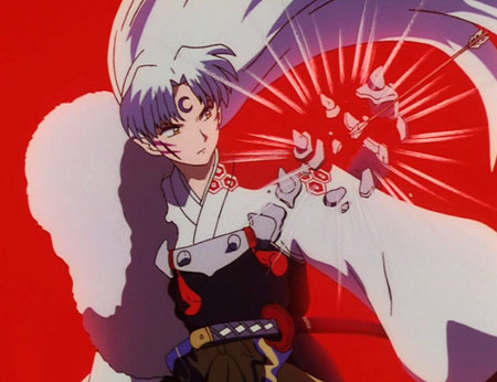 Kagome's arrow hits Sesshomaru's armor